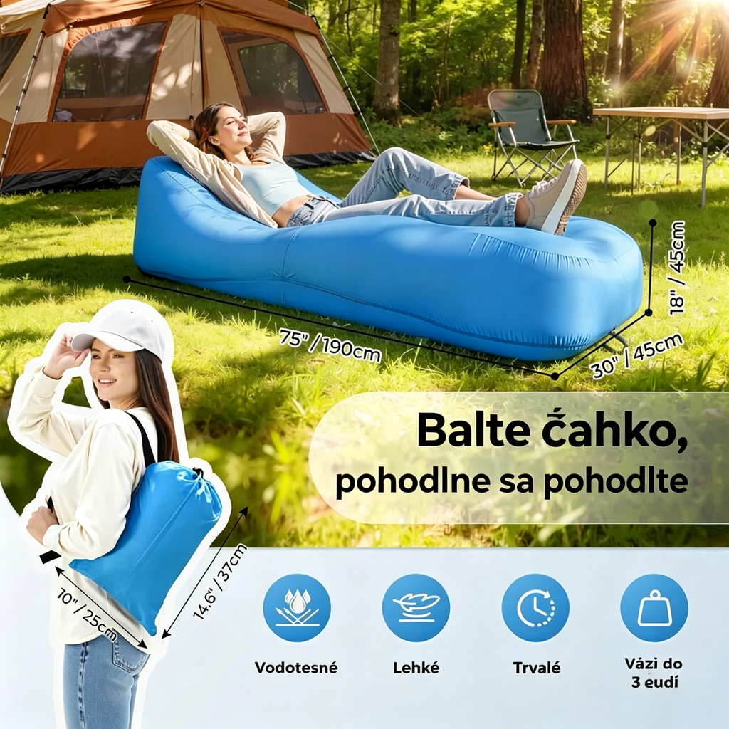 🏖️Zlatá nafukovacia lehátka AeroLounge Go – kompaktná verzia bez pumpy, turistické lehátko na pláž a do záhrady✨