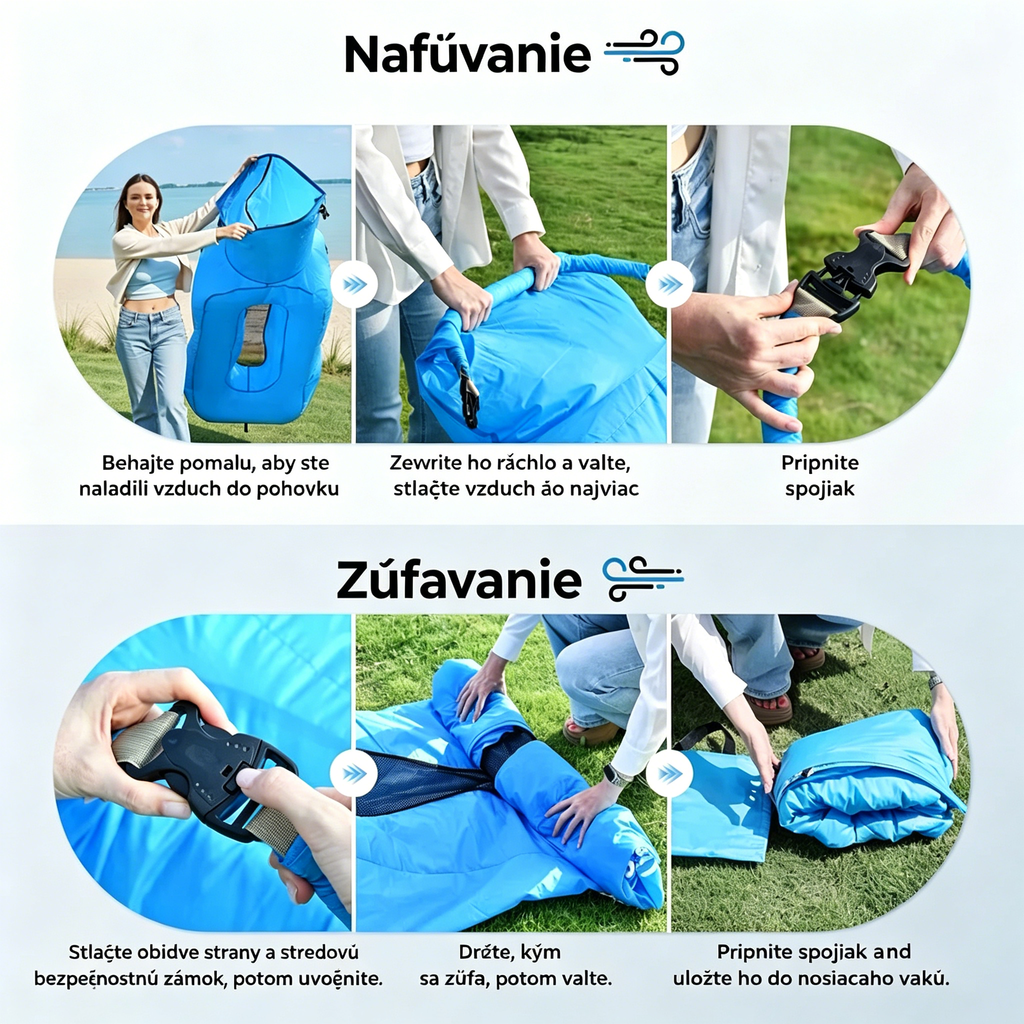 🏖️Zlatá nafukovacia lehátka AeroLounge Go – kompaktná verzia bez pumpy, turistické lehátko na pláž a do záhrady✨