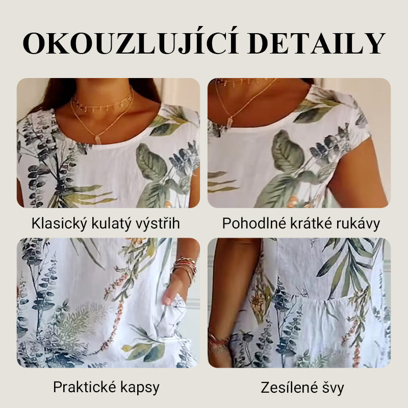 🌼Dámské bavlněné a lněné šaty s kulatým výstřihem a potiskem