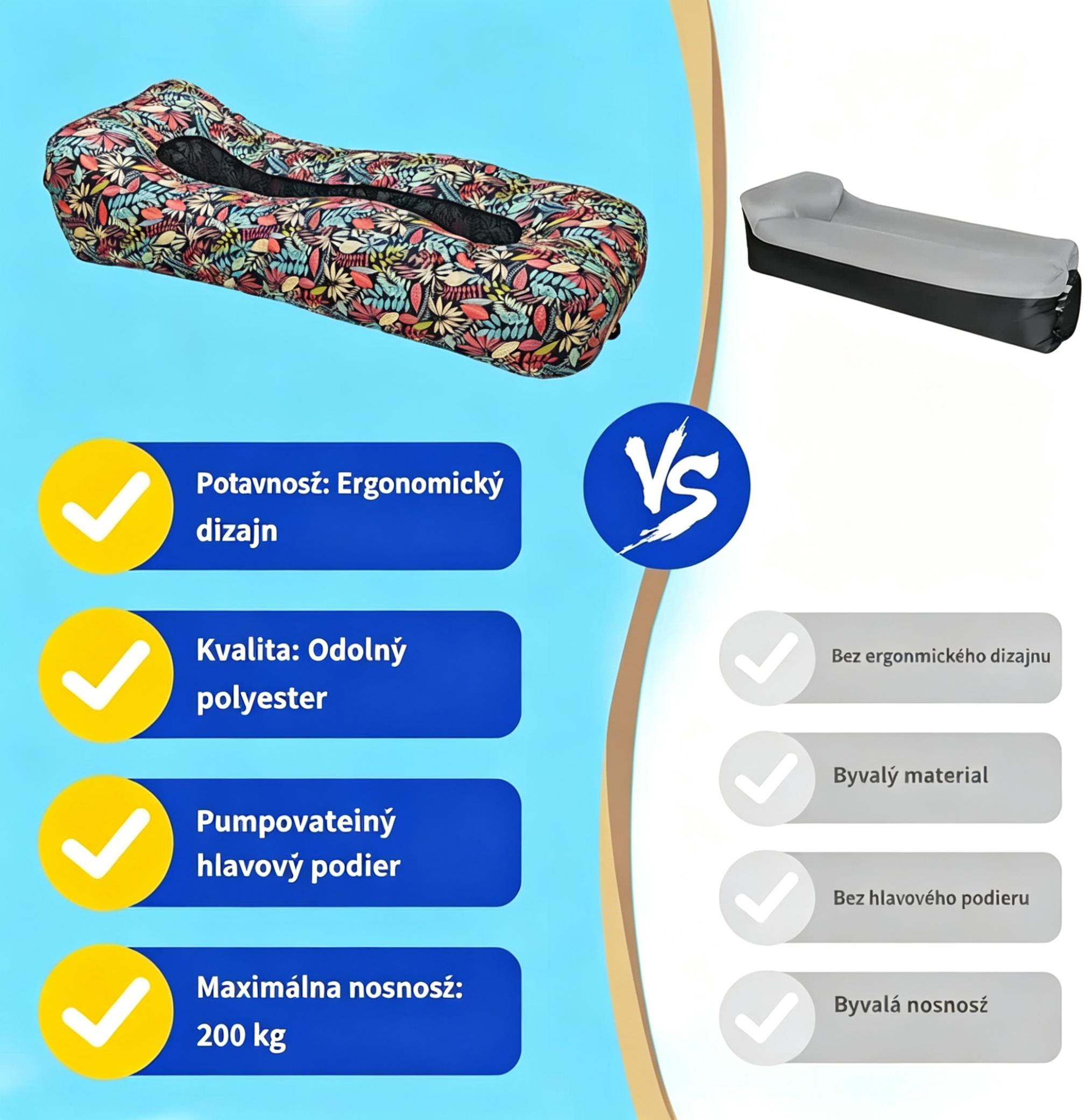 🏖️Zlatá nafukovacia lehátka AeroLounge Go – kompaktná verzia bez pumpy, turistické lehátko na pláž a do záhrady✨