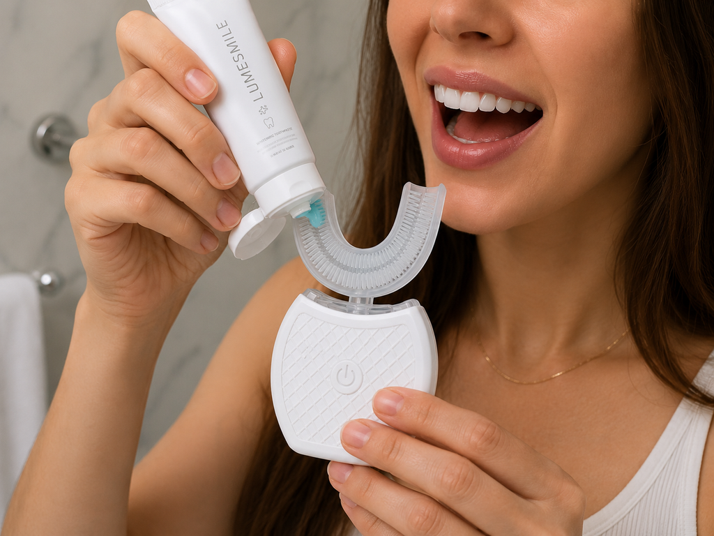 🦷 LumeSmile Sonická zubná kefka v tvare U | Automatické čistenie úst, modré svetlo na bielenie zubov, dobíjacia 🪥