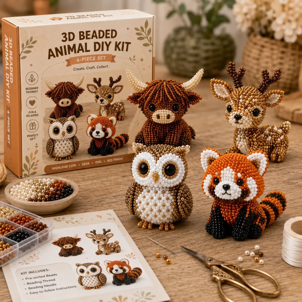 🏆Časový výprodej 🧵✨Sada na ruční práce „Malá zvířátka“ s 3D korálky