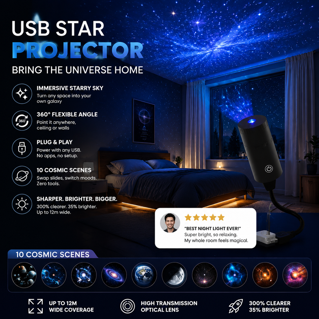 ✨ Proměňte svůj pokoj v galaxii – Plug-and-play HD hvězdný projektor s 10 vesmírnými snímky – platba na dobírku 🌌