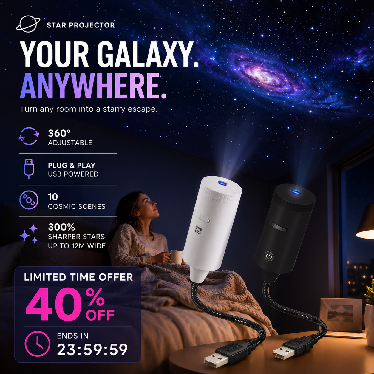 ✨ Proměňte svůj pokoj v galaxii – Plug-and-play HD hvězdný projektor s 10 vesmírnými snímky – platba na dobírku 🌌